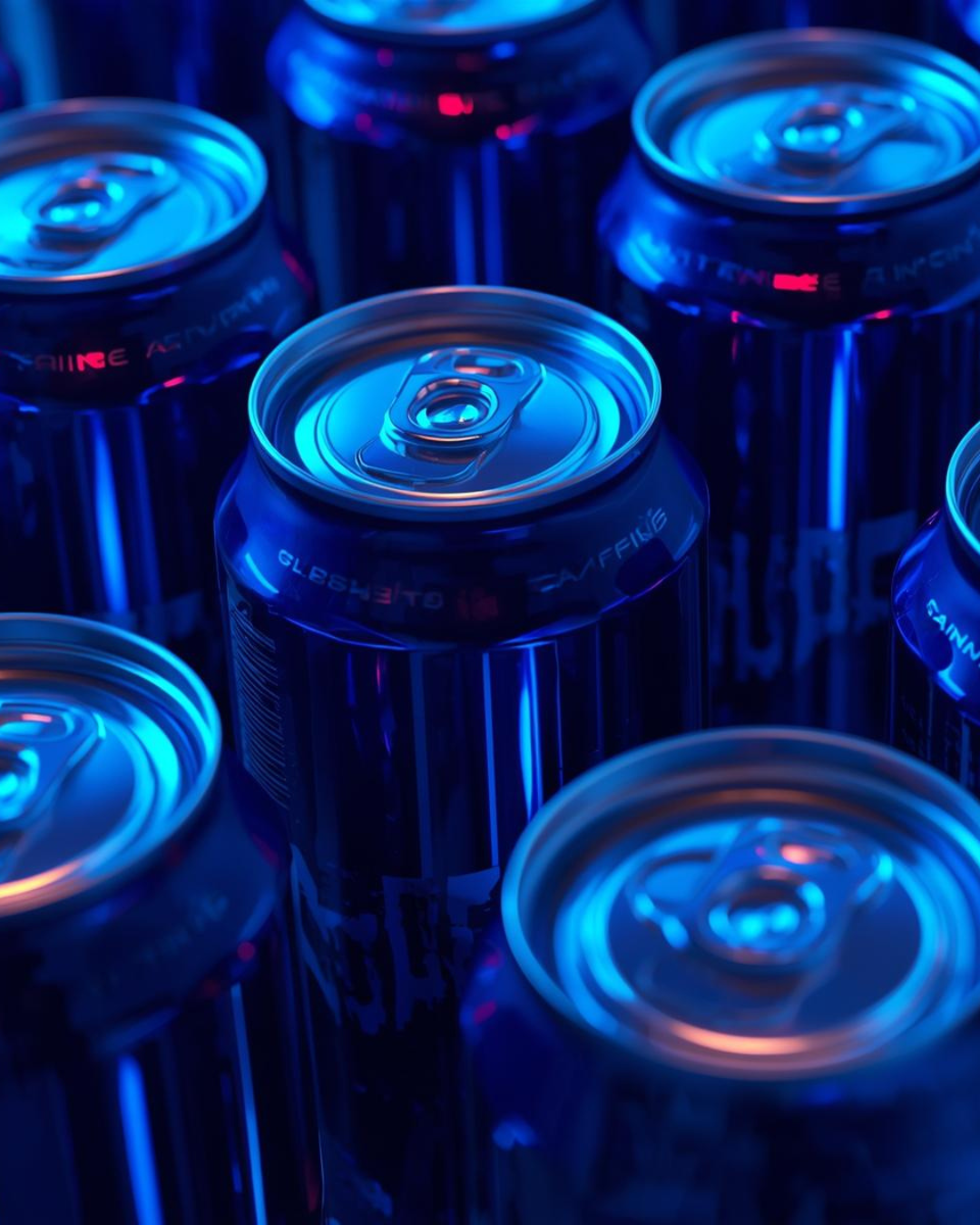 Mehrere Energy Drink Dosen von oben dunkelblau beleuchtet
