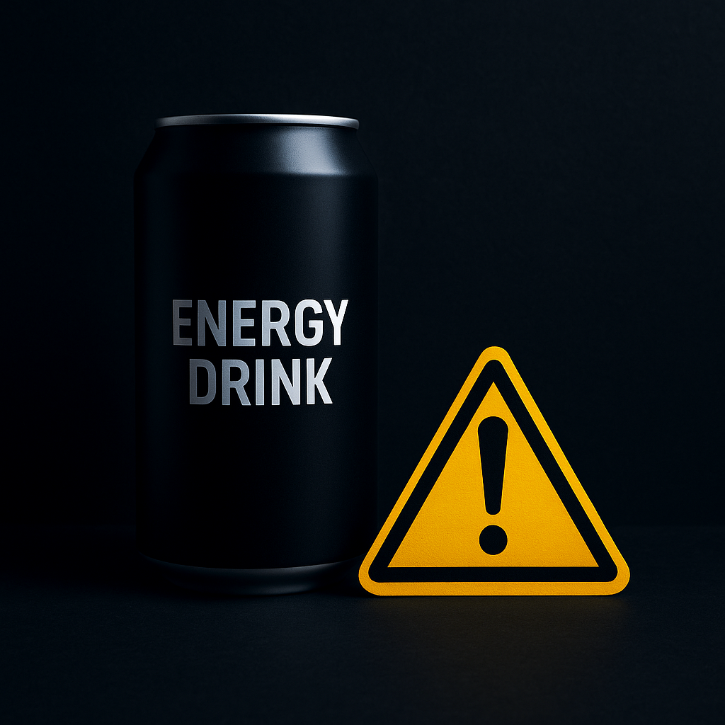 Eine Energy-Drink-Dose steht auf dunklem Hintergrund mit roter Warnbeleuchtung – Symbol für Gesundheitsrisiken und Nebenwirkungen durch hohen Koffeingehalt.