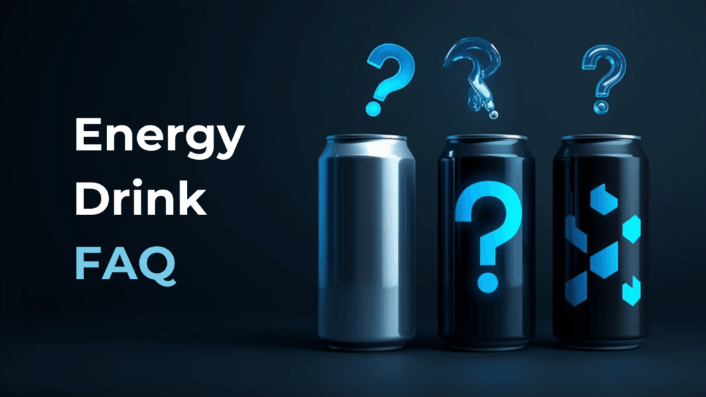 Energy Drink FAQ als Text, rechts daneben drei dunkle Energy Drink Dosen mit blauen Fragezeichen jeweils darüber