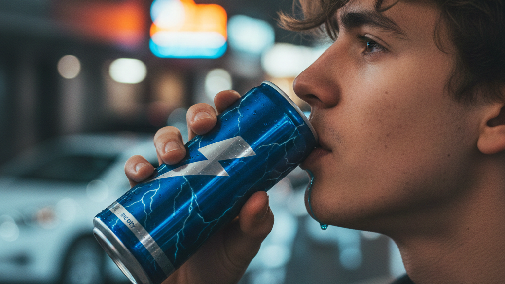 Seiten-Nahaufnahme eines jungen Mannes mit lockigem Haar, der an einem beleuchteten Abend aus einer dunkelblauen Energy-Drink-Dose mit silbernem Blitzlogo trinkt.