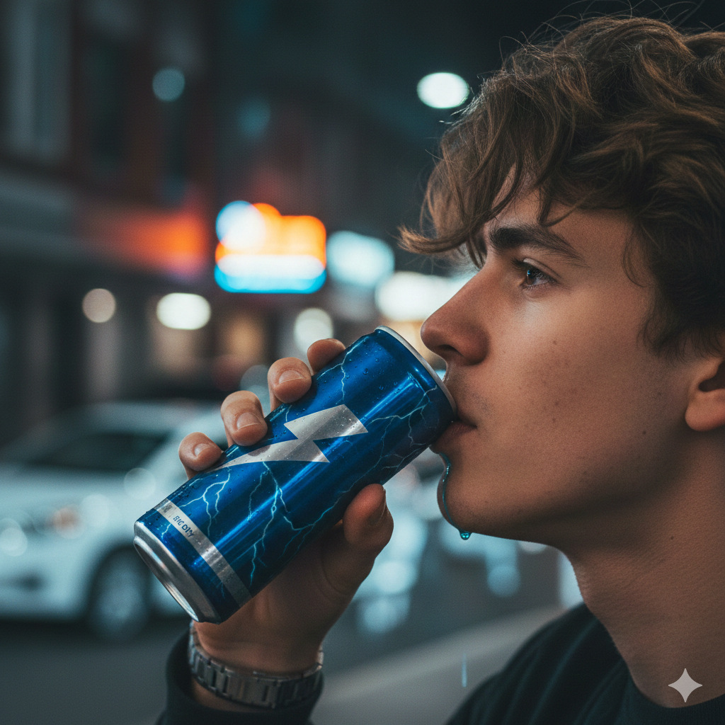 Seiten-Nahaufnahme eines jungen Mannes mit lockigem Haar, der an einem beleuchteten Abend aus einer dunkelblauen Energy-Drink-Dose mit silbernem Blitzlogo trinkt.
