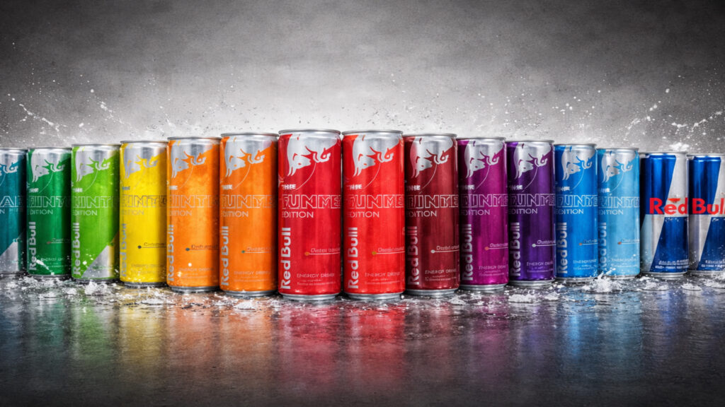 Bunte Aufstellung verschiedener Red Bull Dosen