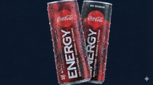 Zwei gekühlte Coca-Cola-Energy-Dosen stehen nebeneinander vor dunklem Hintergrund. Eine Dose ist rot (Classic), die andere schwarz mit der Aufschrift „No Sugar“. Beide sind mit Wassertropfen bedeckt und zeigen das Coca-Cola-Logo sowie den Schriftzug „Energy“.