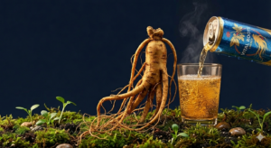 Ginsengwurzel neben einem Energy Drink, der in ein Glas eingeschenkt wird.