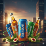 Nahaufnahme von frischen, geöffneten Guarana-Früchten und grünen Blättern im Vordergrund mit sind Energy-Drink-Dosen dahinter. Im Hintergrund eine Stadt und Sonnenaufgang