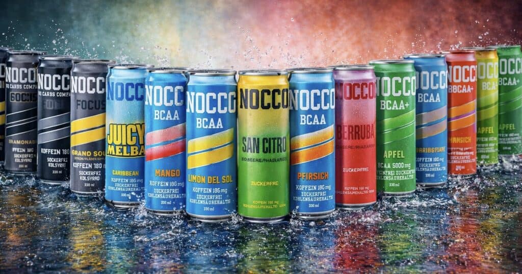 verschiedene NOCCO Dosen aufgereiht