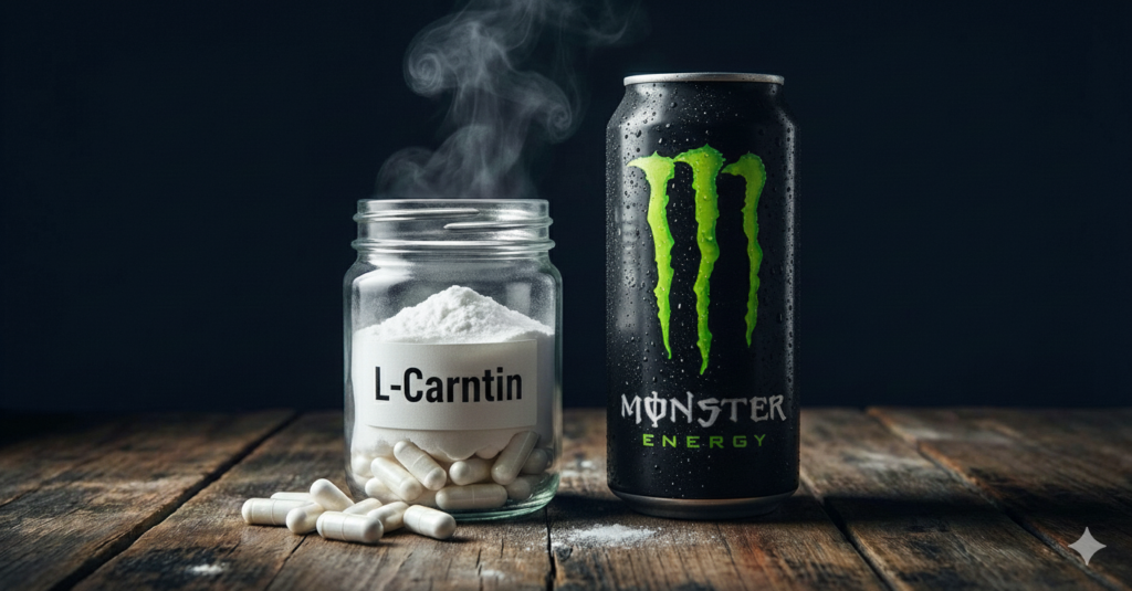 L-Carnitin-Pulver und Kapseln neben einer Dose Monster Energy Drink.