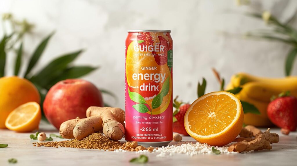 beispielhafter koffeinfreier Energy Drink mit natürlichen Zutaten drumherum